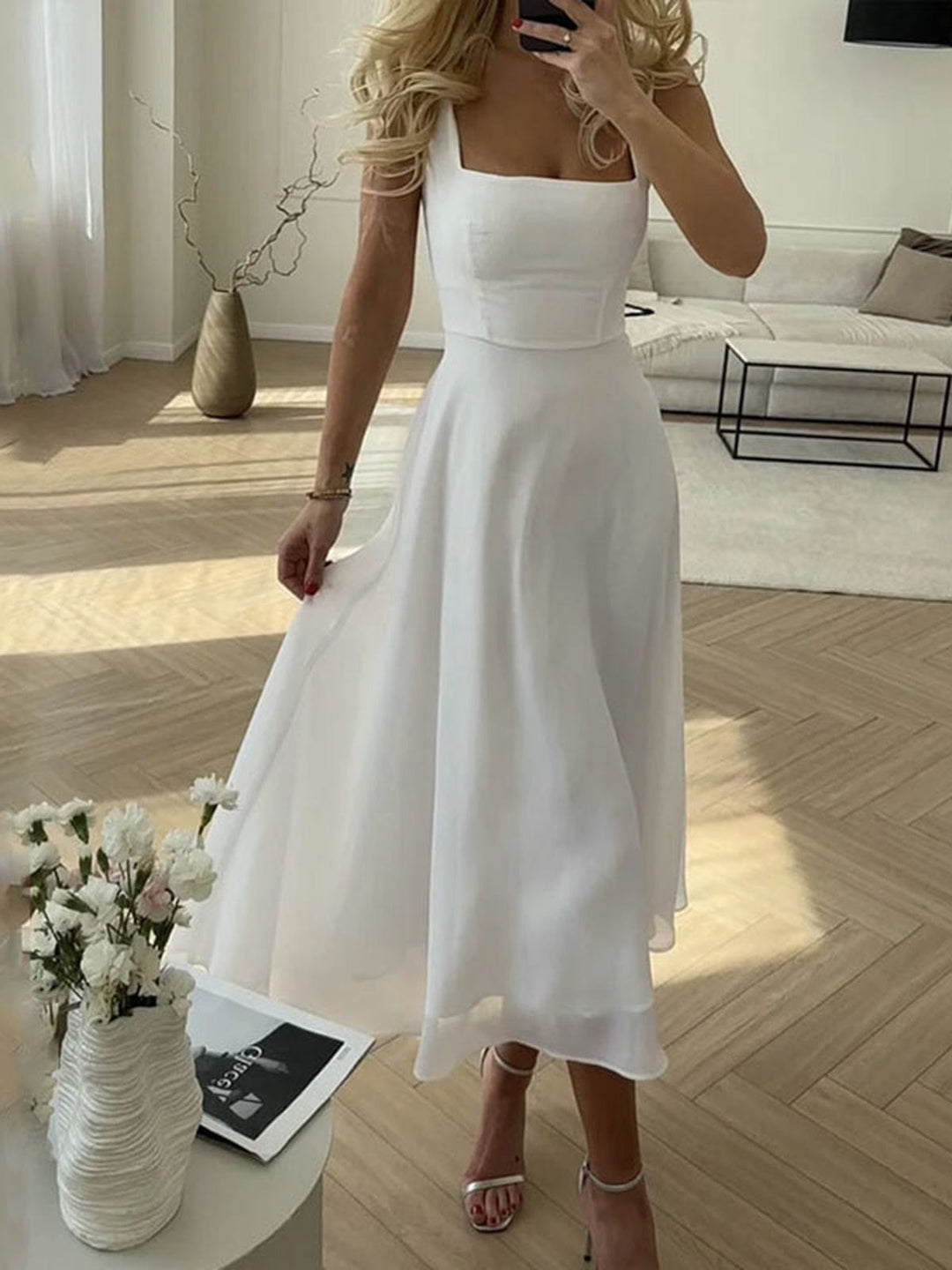 Melisande | Women's Square Neck A-Line Midi Dress - White - Image 1