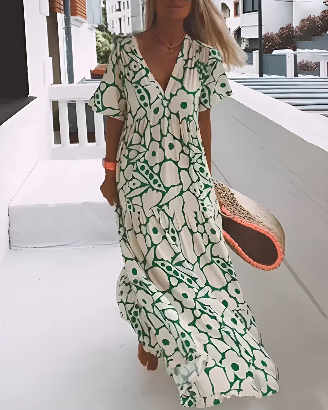 Mirabel | Women's Floral V-Neck Short Sleeve Midi Dress - Green - Image 1