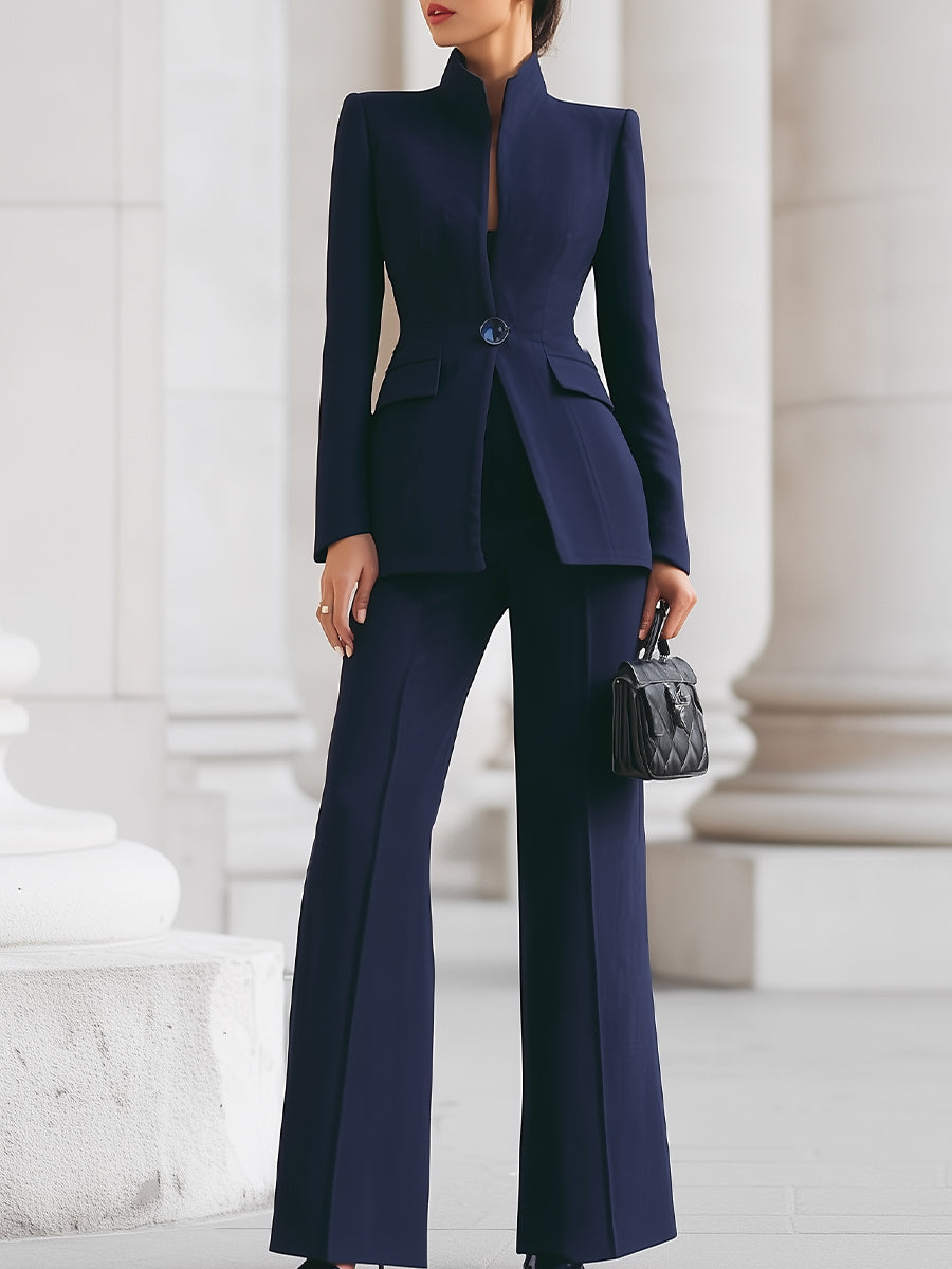 Mirabel | Women's Stand Collar Blazer & Wide Leg Trousers Set - Navy - Image 1