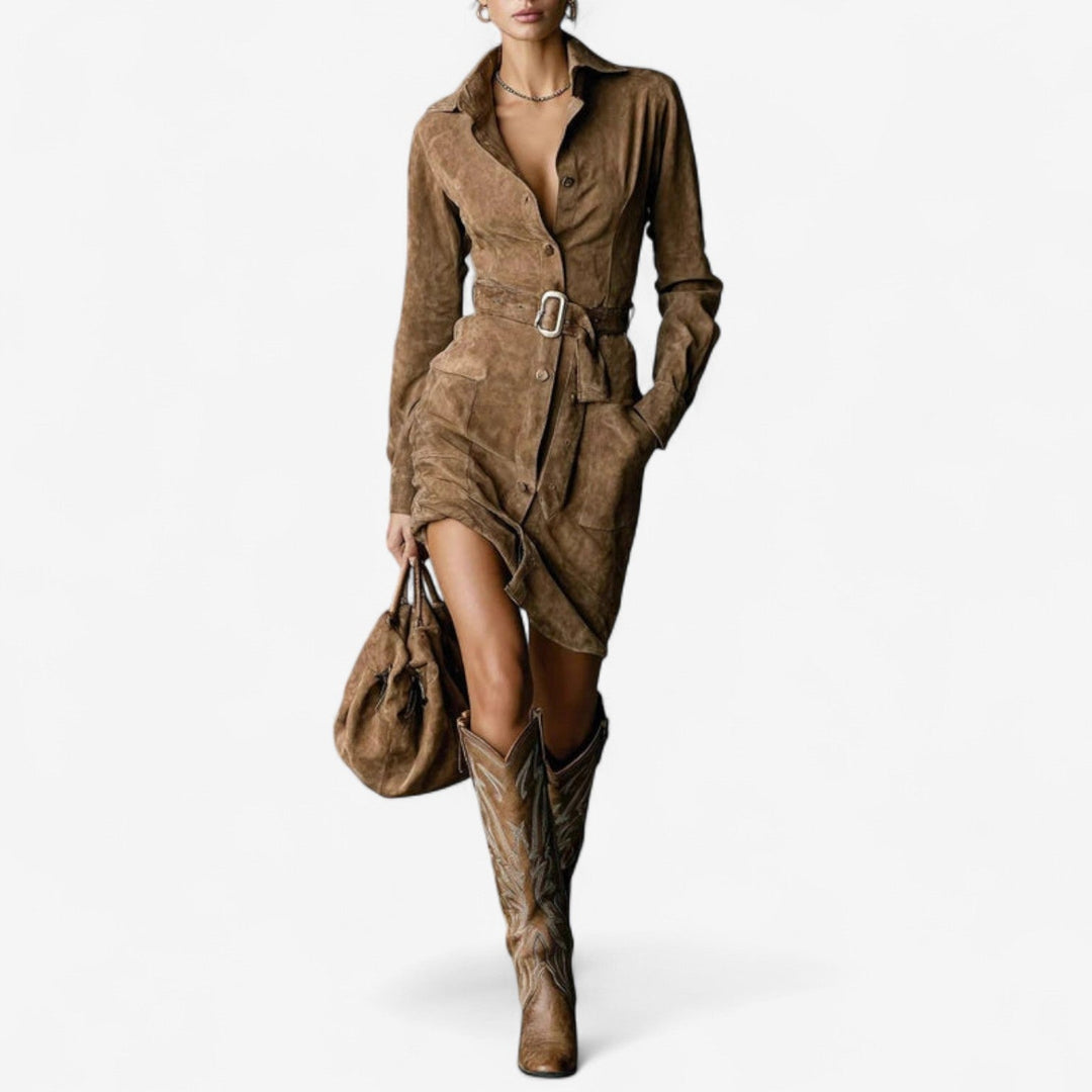 Miriam | Women's Brown Belted Long Sleeve Shirt Dress - Brown - Image 1