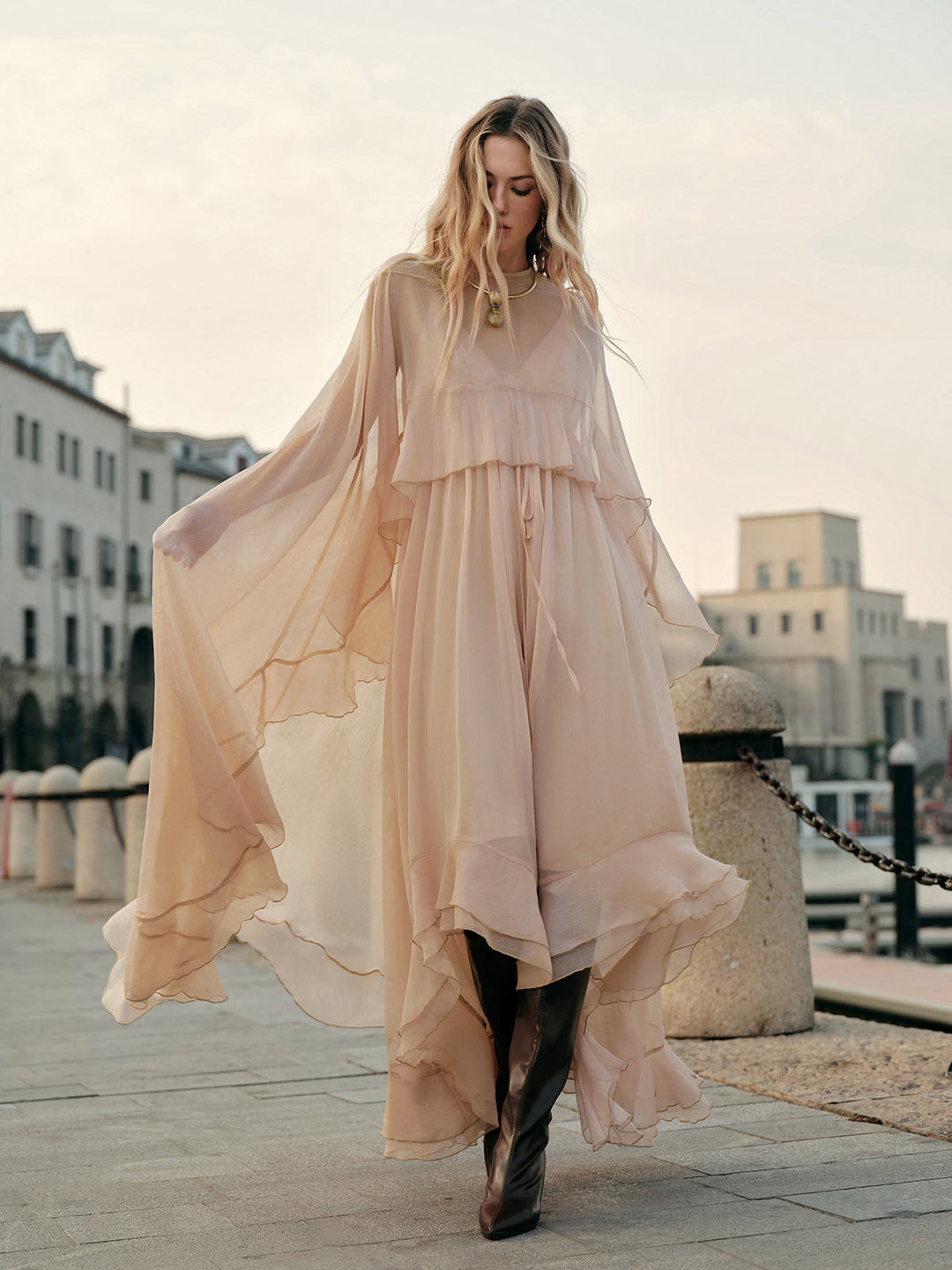 Miriam | Women's Cape Sleeve Layered Maxi Dress - Peach - Image 1