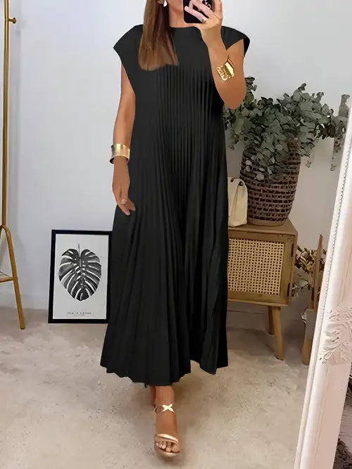 Natasha | Women's Pleated Short Sleeve Maxi Dress - Black - Image 1