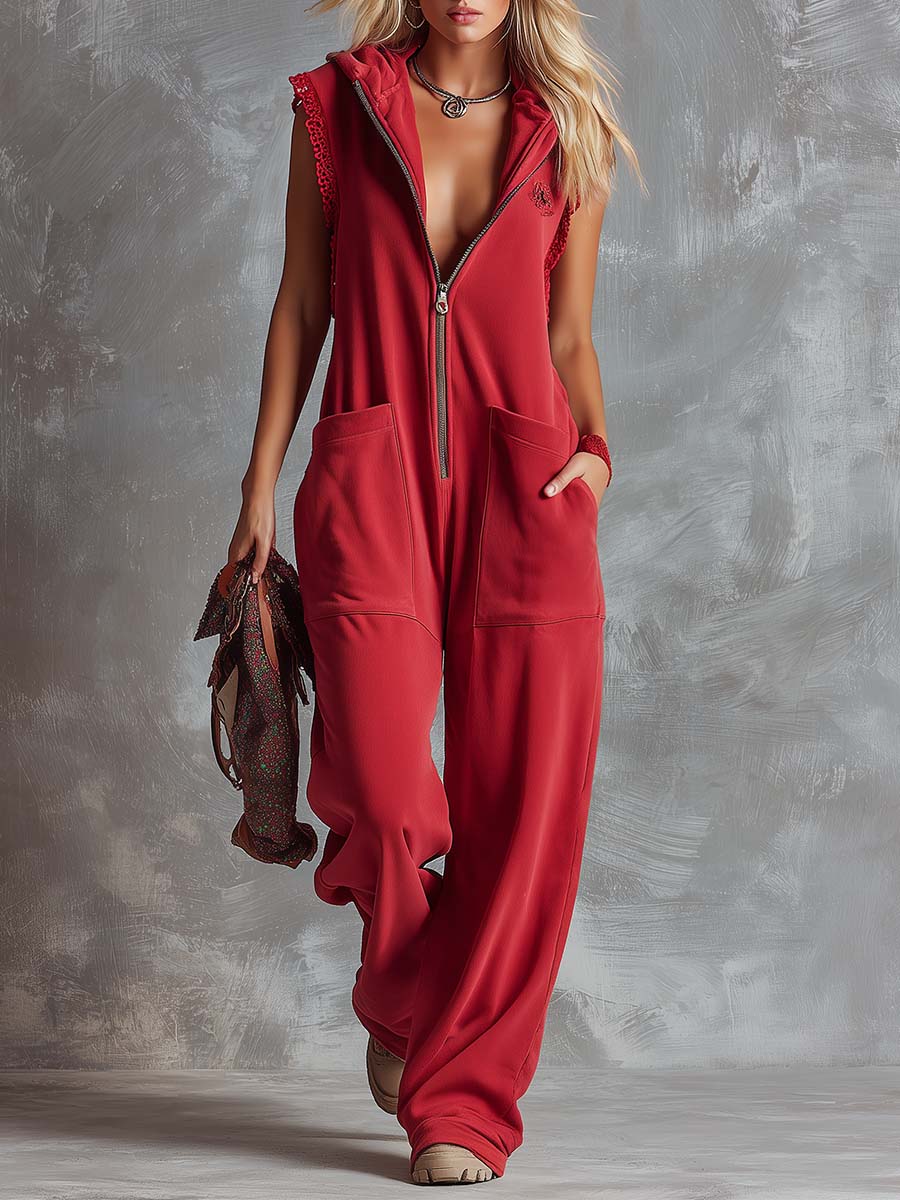Nefertiti | Women's Hooded Sleeveless Jumpsuit - Red - Image 1