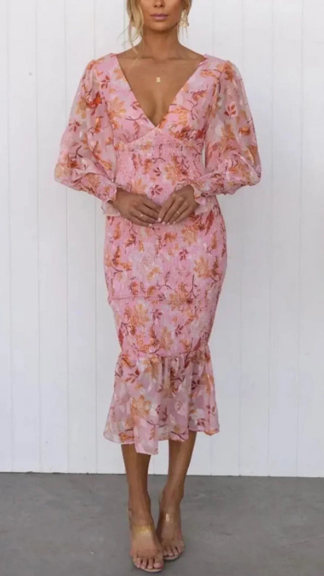Nerissa | Women's Floral V Neck Long Sleeve Midi Dress - Pink - Image 1