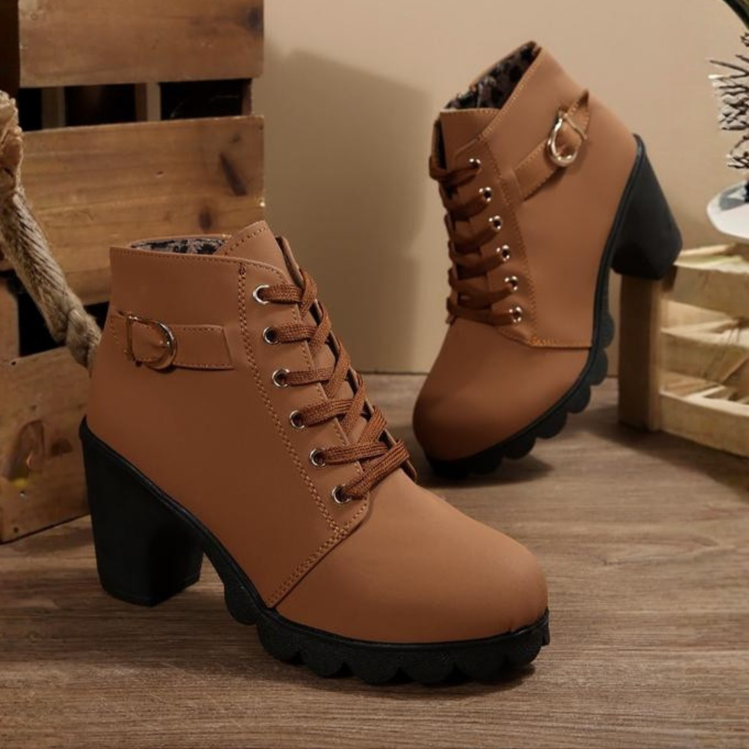 Nora | Women's Lace-Up Block Heel Ankle Boots - Camel - Image 1