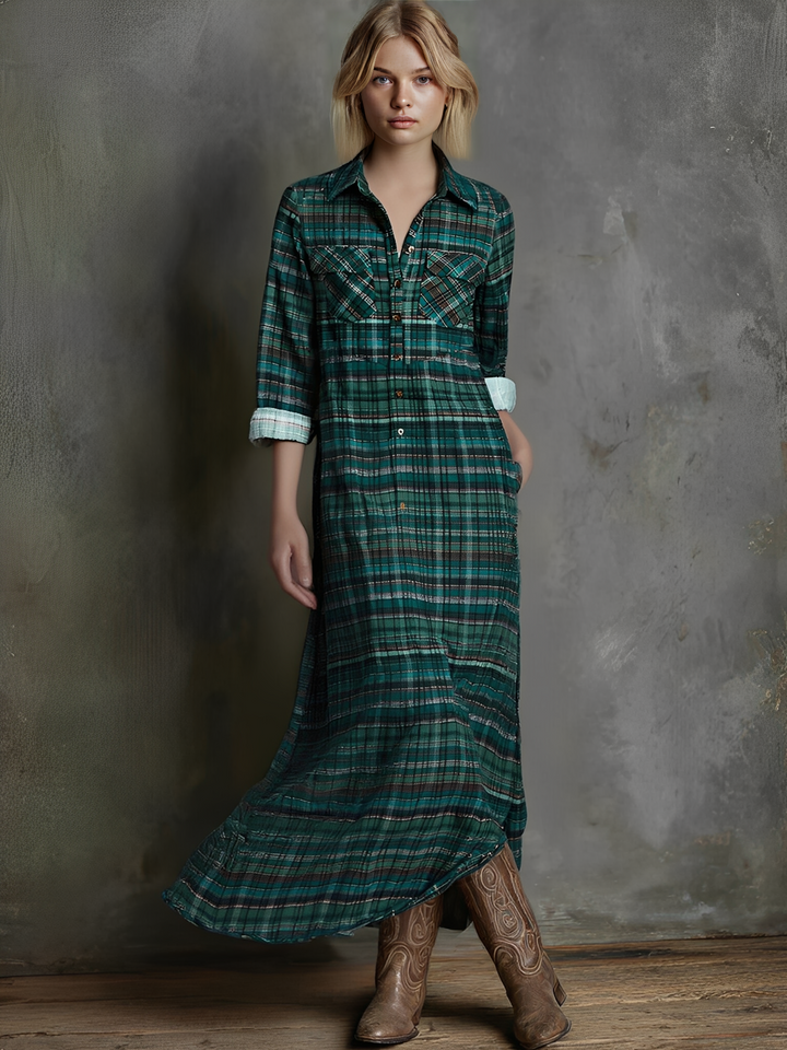 Octavia | Damen Maxikleid mit karierten langen Ärmeln - Grün - Bild 1