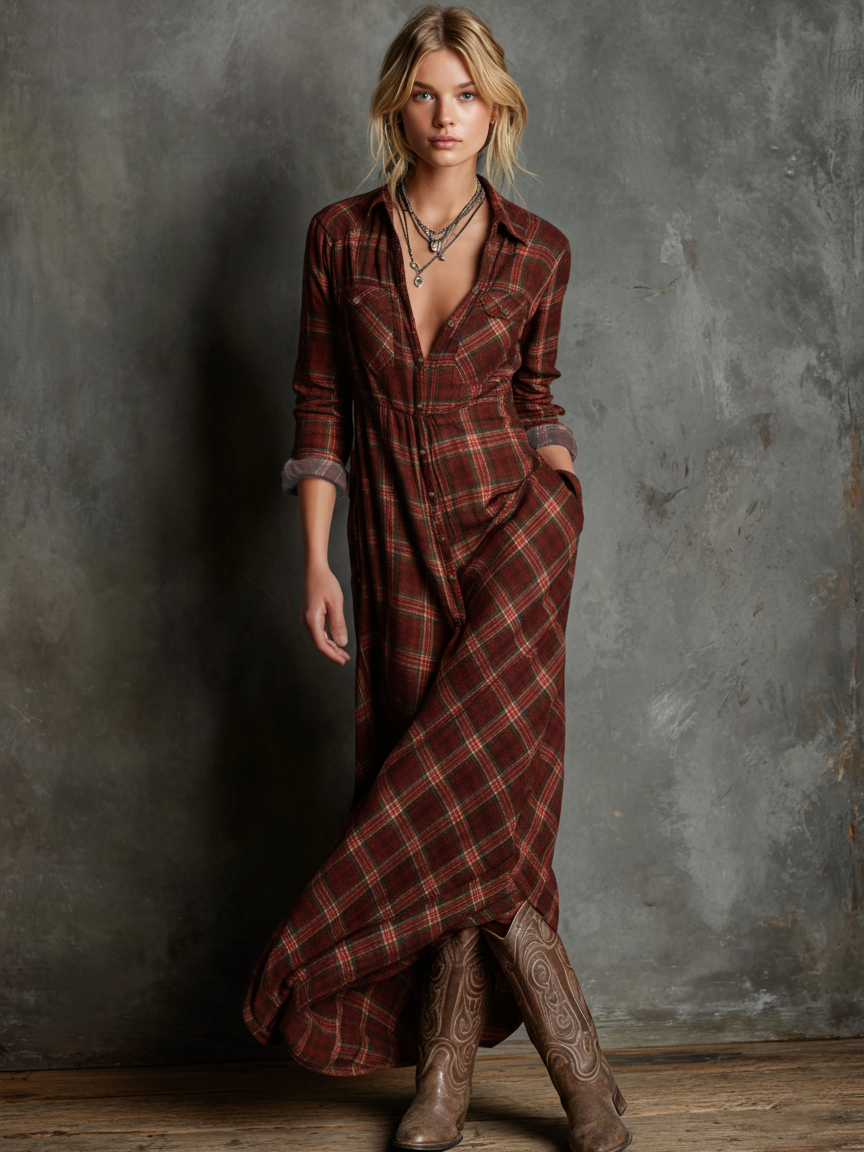 Octavia | Damen Maxikleid mit langen Ärmeln und Karomuster – Grün – Bild 2