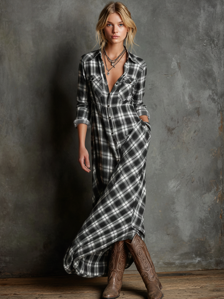 Octavia | Damen Maxikleid mit langen Ärmeln und Karomuster – Grün – Bild 3
