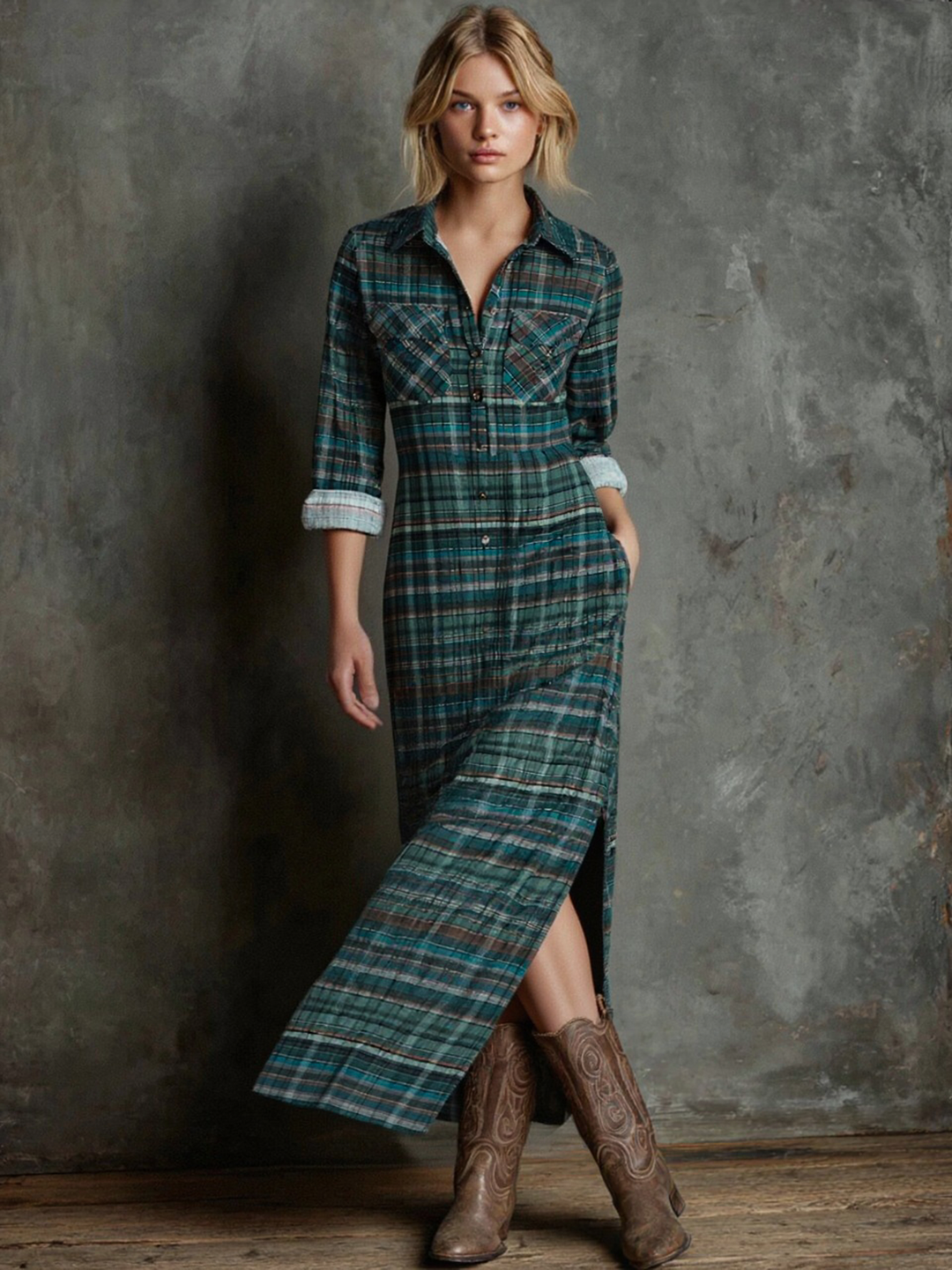 Octavia | Damen Maxikleid mit langen Ärmeln und Karomuster - Grün - Bild 7