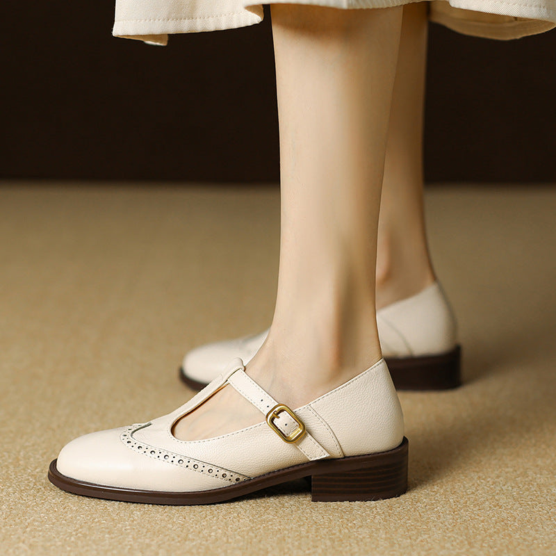 Octavia | Women's T-Strap Mary Jane Low Heel Shoes - Cream - Image 1