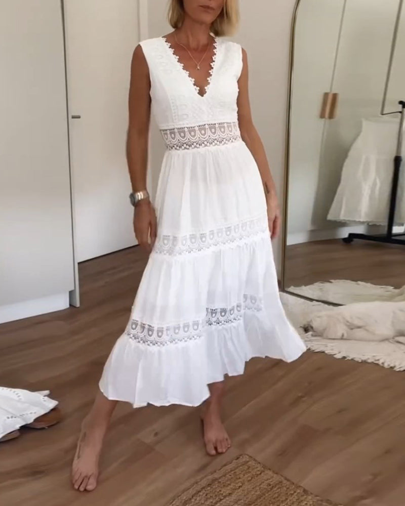 Octavia | Women's V-Neck Lace Trim Midi Dress - White - Image 1