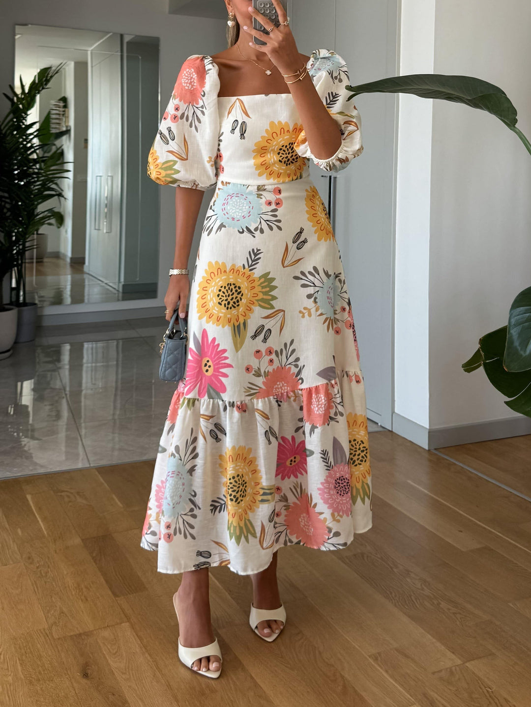 Ondessa | Women's Floral Square Neck Puff Sleeve Midi Dress - Floral - Image 1