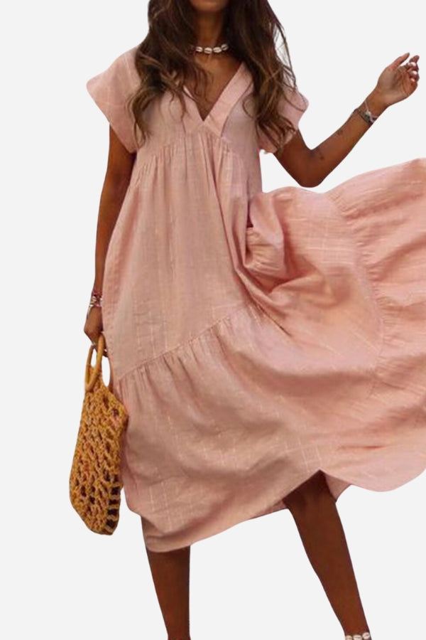 Ondina | Women's V-Neck Flutter Sleeve Midi Dress - Pink - Image 1
