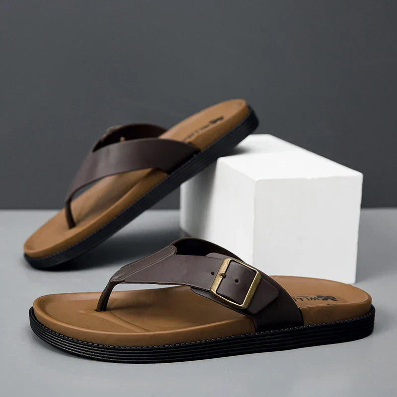 Ophelia | Women's Toe Post Flat Sandals - Brown - Image 1