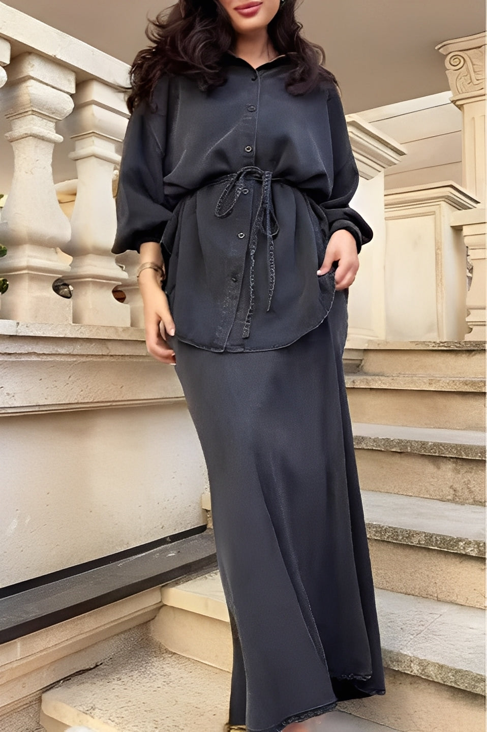 Ophiuchus | Women's Button Front Maxi Skirt Set - Dark Grey - Image 1