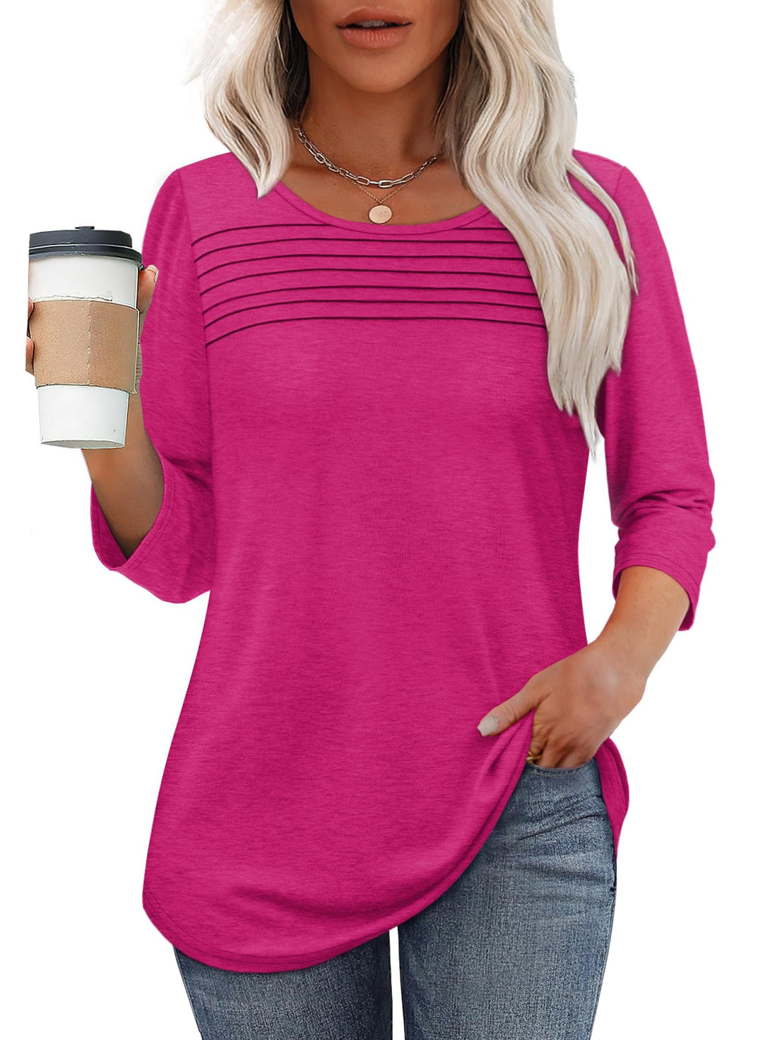 Paloma | Women's Round Neck 3/4 Sleeve Pleated Top - Pink - Image 1