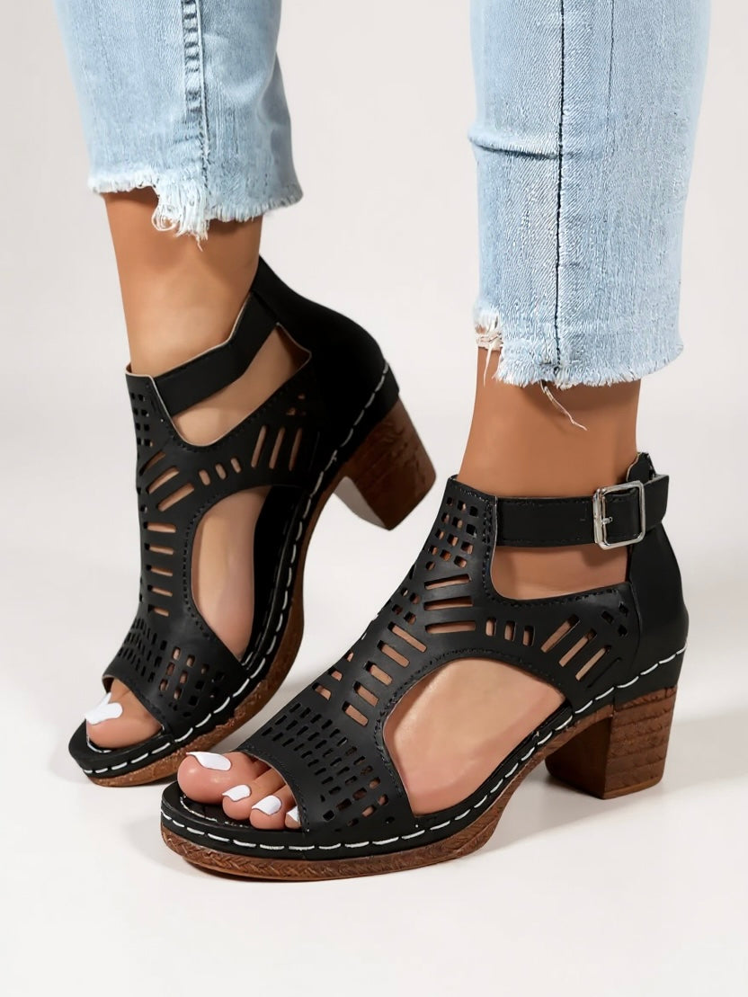 Penelope | Women's Cutout Block Heel Sandals - Black - Image 1