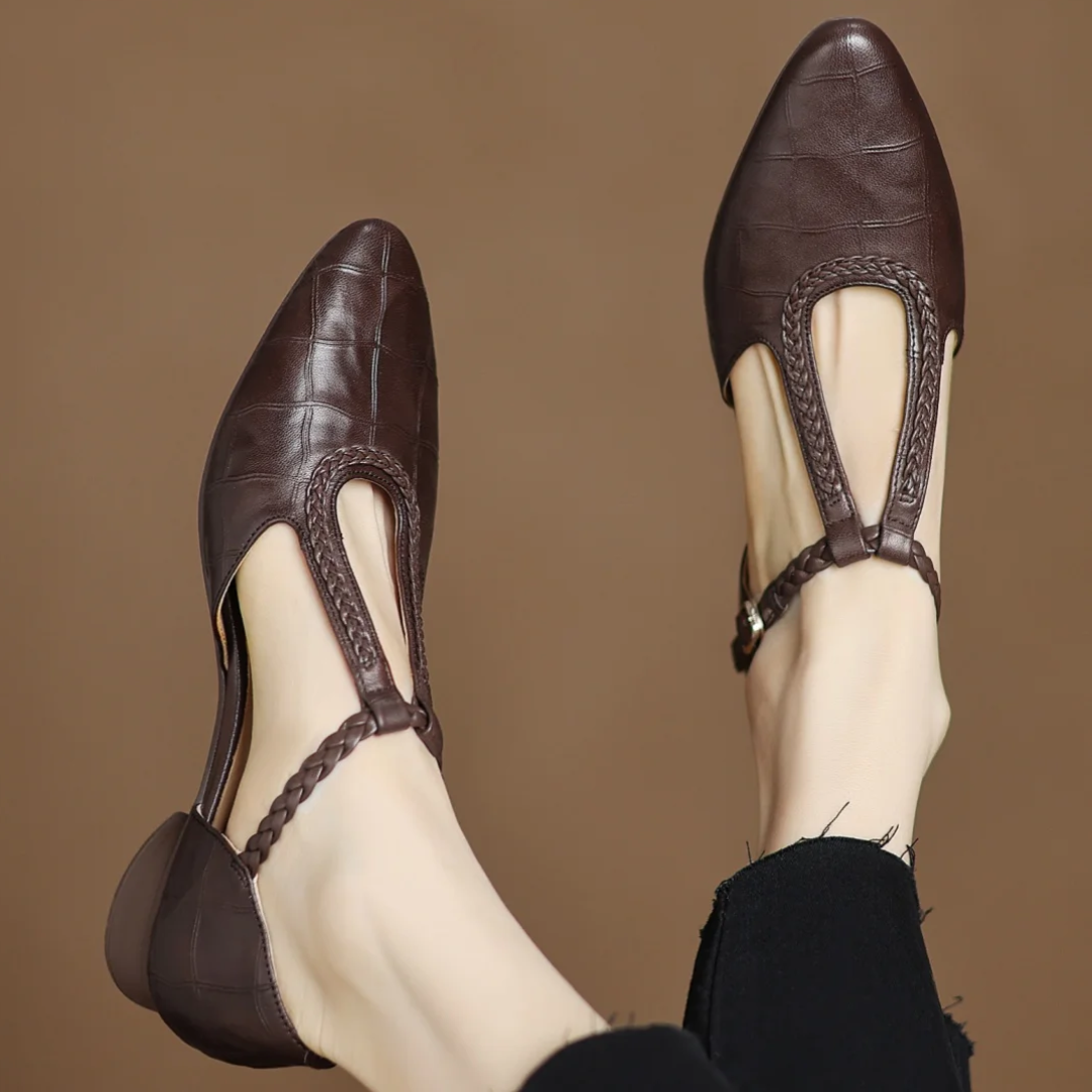 Penelope | Women's T-Strap Mary Jane Pointed Toe Flats - Brown - Image 1