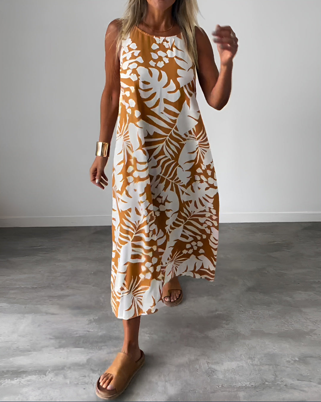 Penthesilea | Women's Tropical Print Sleeveless Midi Dress - Orange - Image 1