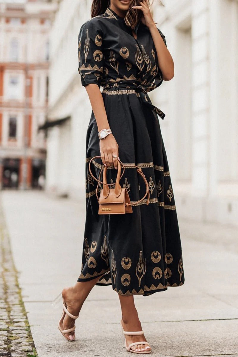 Perenelle | Women's Bohemian Printed Long Sleeve Midi Dress - Black - Image 1