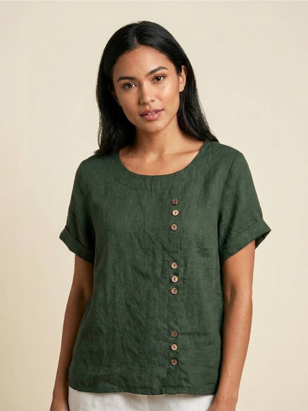 Persephone | Women's Scoop Neck Button Detail Short Sleeve Top - Green - Image 1
