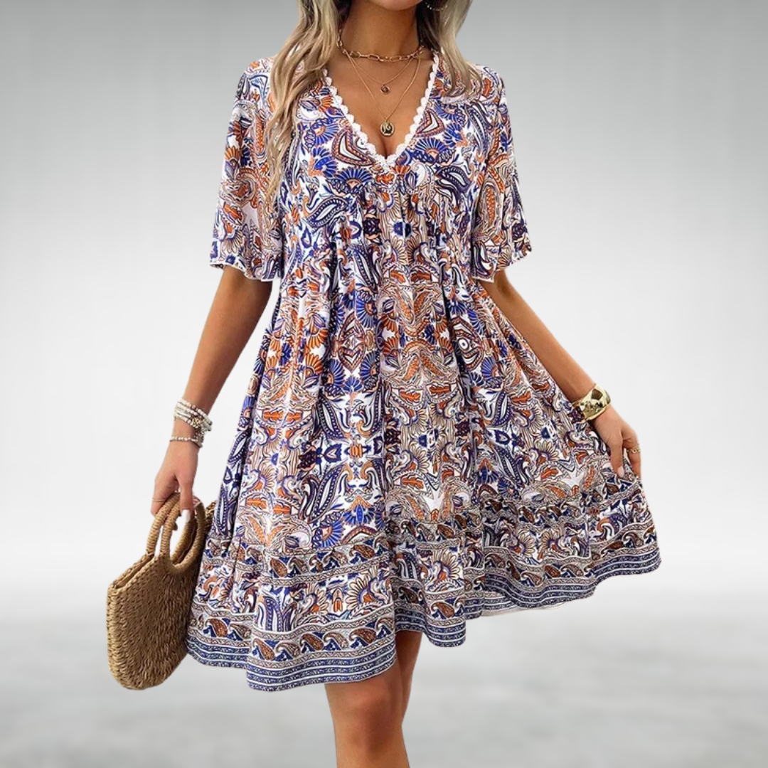 Persimone | Women's V-Neck Paisley Short Sleeve Mini Dress - Image 1