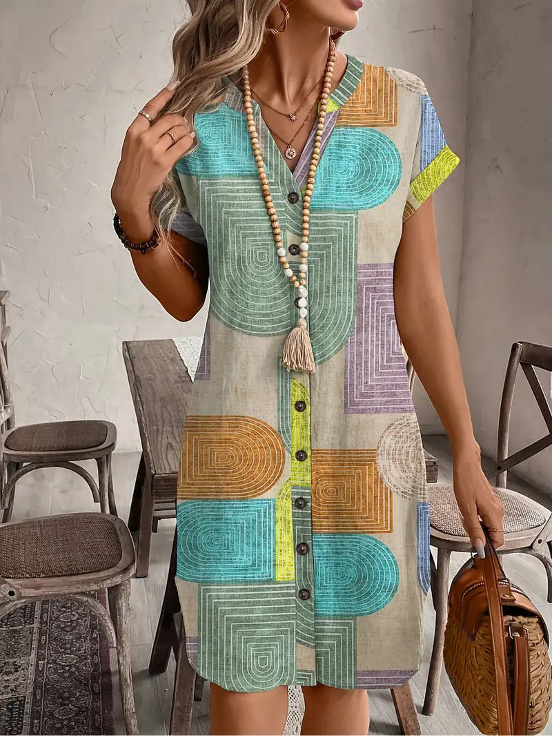 Petra | Women's Geometric Print Button Front Mini Dress - Image 1