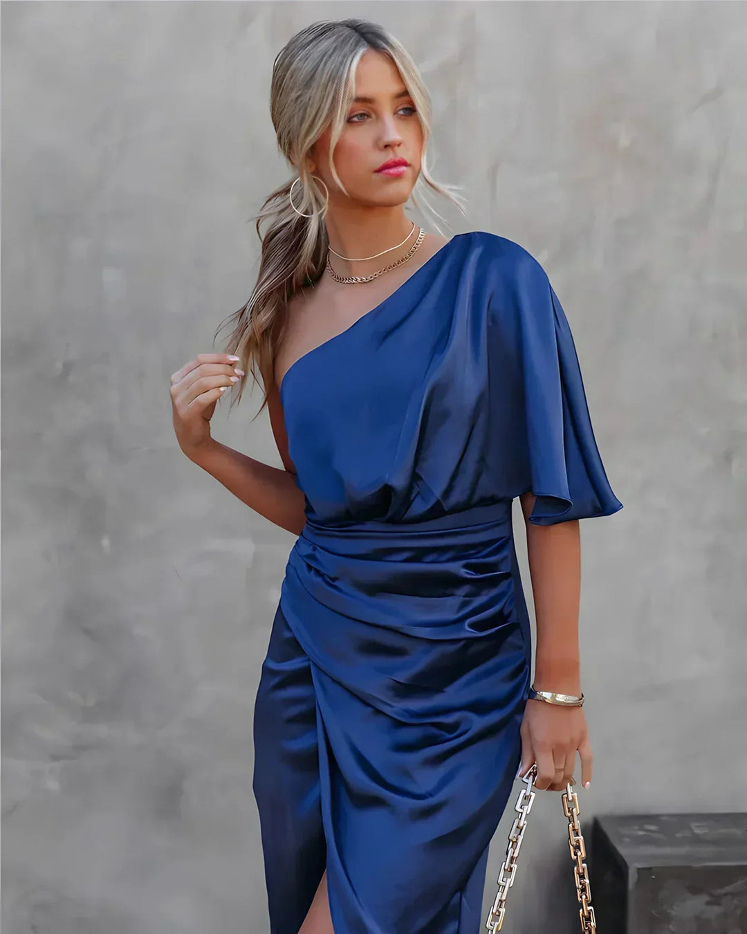 Petra | Women's One Shoulder Midi Dress - Blue - Image 1
