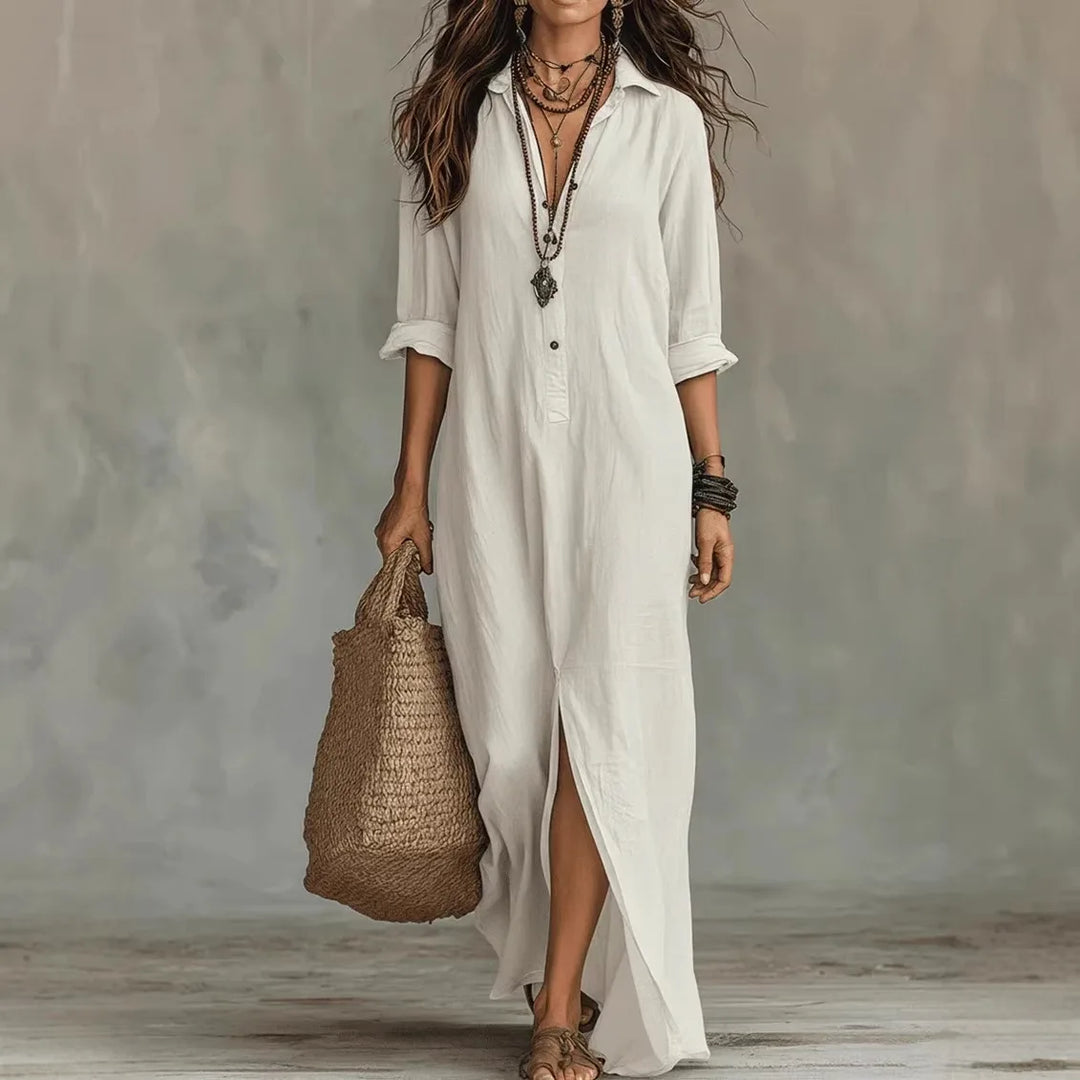 Philippa | Women's Collared 3/4 Sleeve Maxi Shirt Dress - White - Image 1