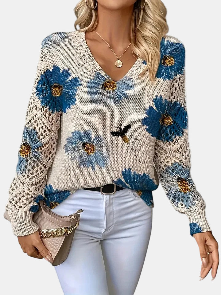 Philippa | Women's Floral V-Neck Long Sleeve Sweater - Floral - Image 1