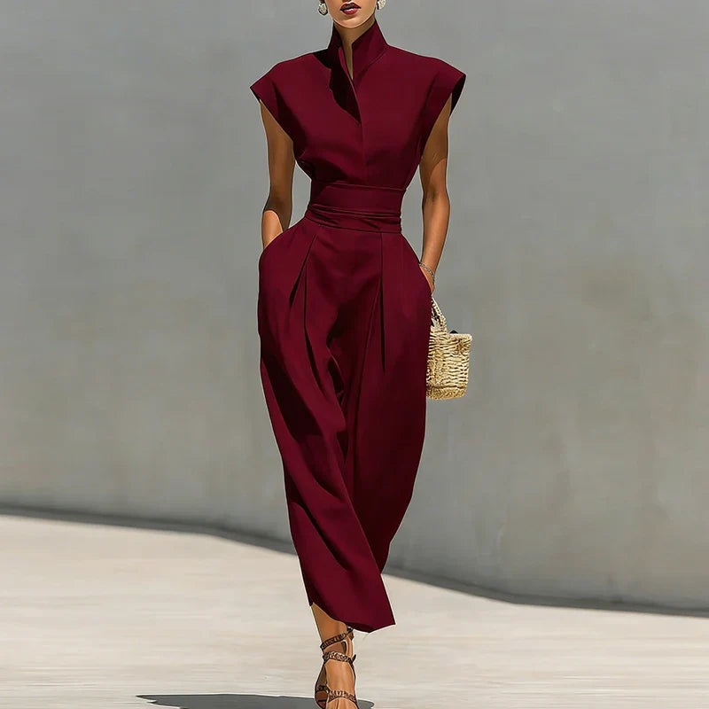 Philippa | Women's Sleeveless Stand Collar Midi Dress - Burgundy - Image 1