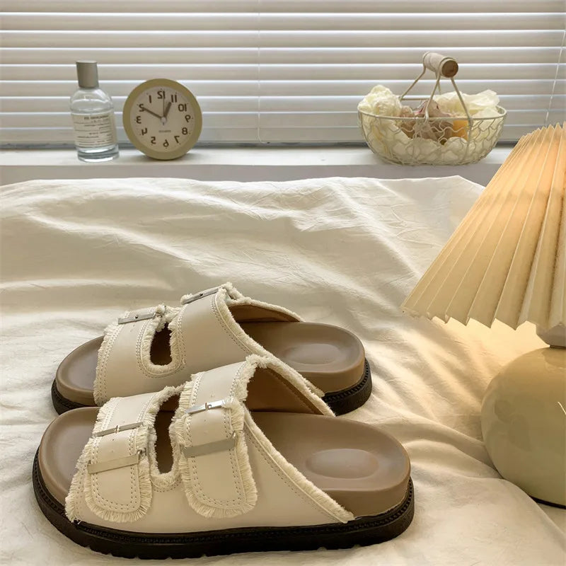Phoebe | Women's Buckle Slide Sandals - Beige - Image 1