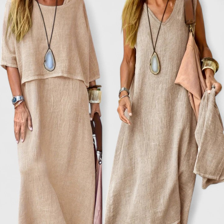 Poppy | Women's Two Piece Maxi Dress Set - Beige - Image 1