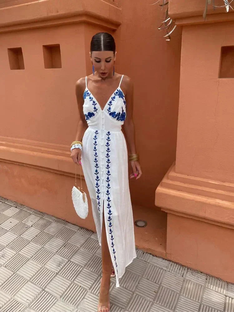 Primrose | Women's Embroidered V-Neck Maxi Dress - White - Image 1