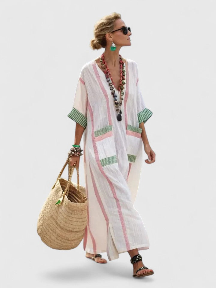 Primrose | Women's Striped V-Neck Kaftan Maxi Dress - Striped - Image 1
