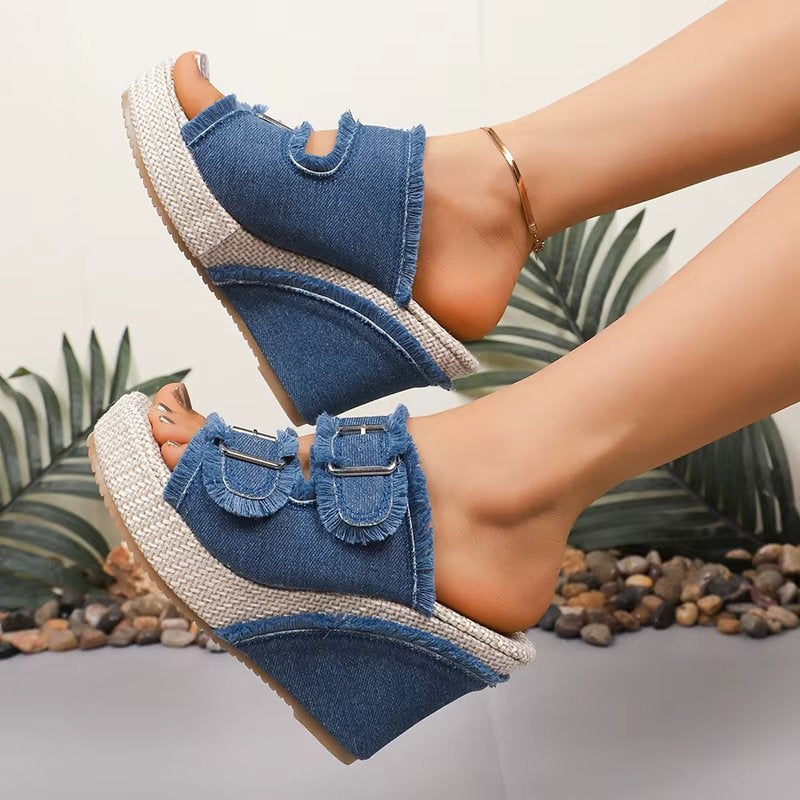 Primula | Women's Buckle Wedge Sandals - Blue - Image 1