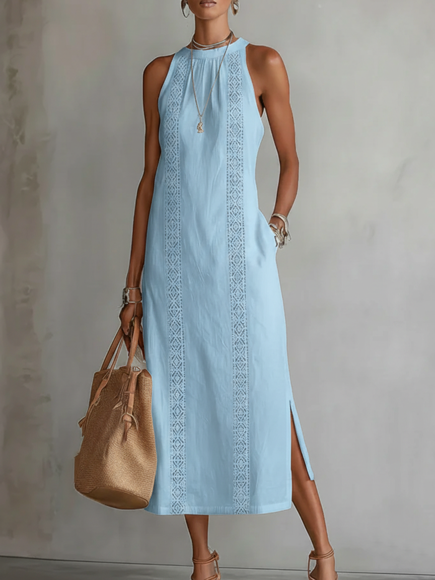 Priscilla | Women's Sleeveless Lace Detail Midi Dress - Light Blue - Image 1