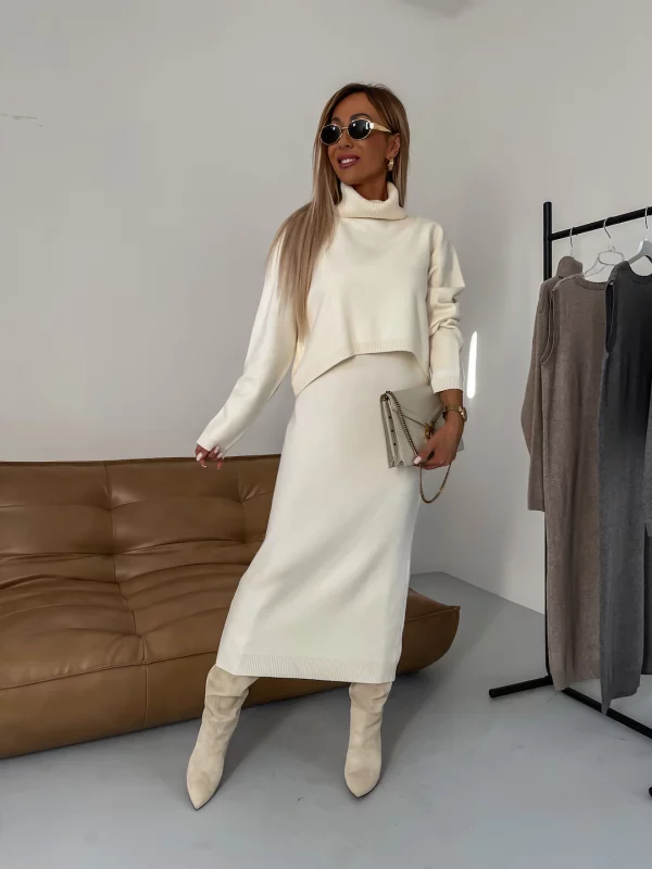 Quinella | Women's Knitted Midi Dress Two-Piece Set - Cream - Image 1