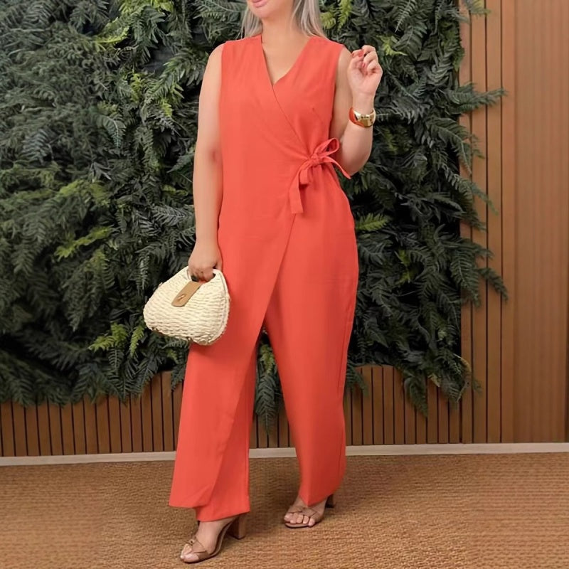 Quinlan | Women's V-Neck Sleeveless Wrap Jumpsuit - Orange - Image 1