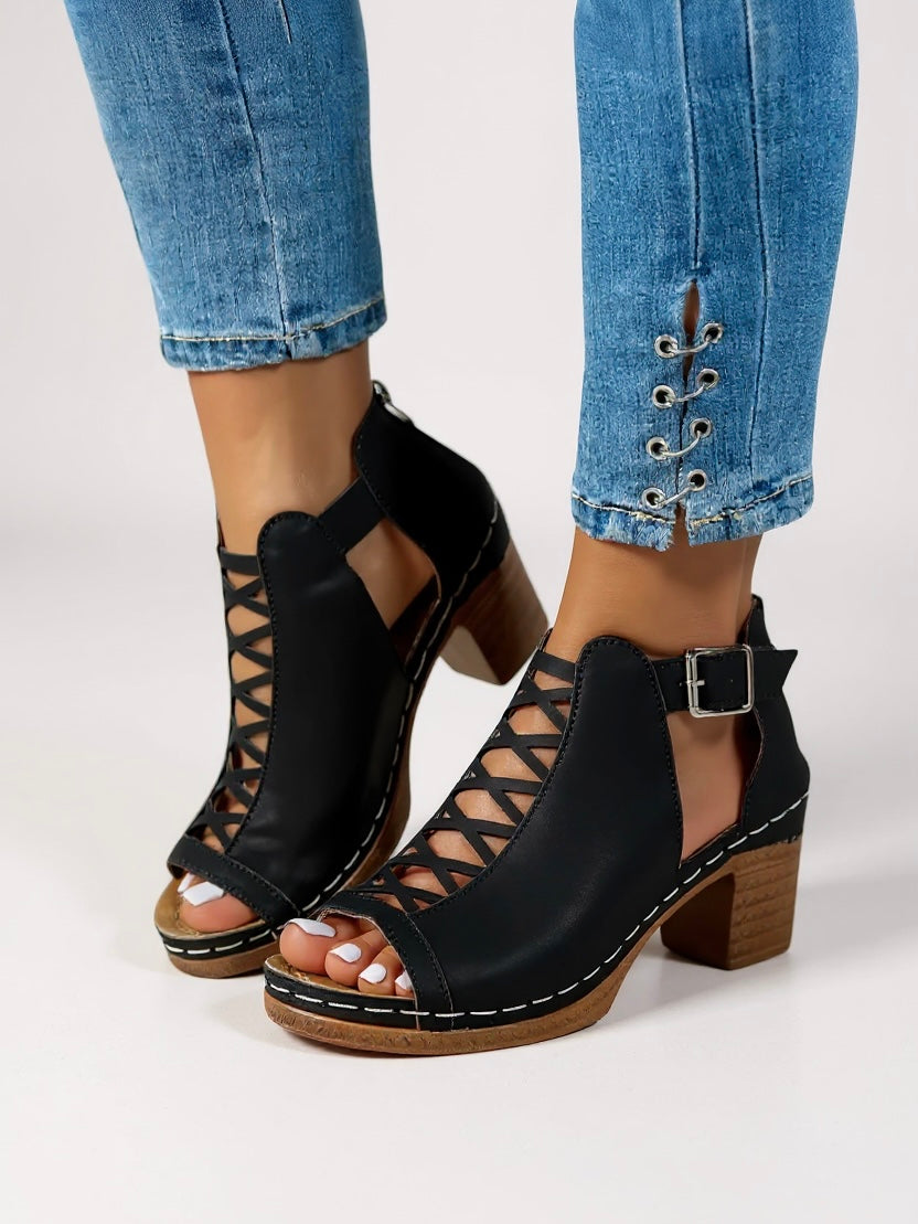 Raina | Women's Block Heel Lace Up Sandals - Black - Image 1