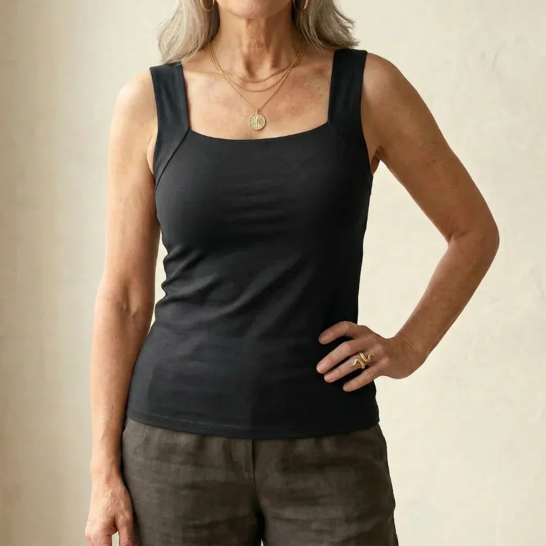 Renata | Women's Square Neck Built-In Bra Tank Top - Black - Image 1