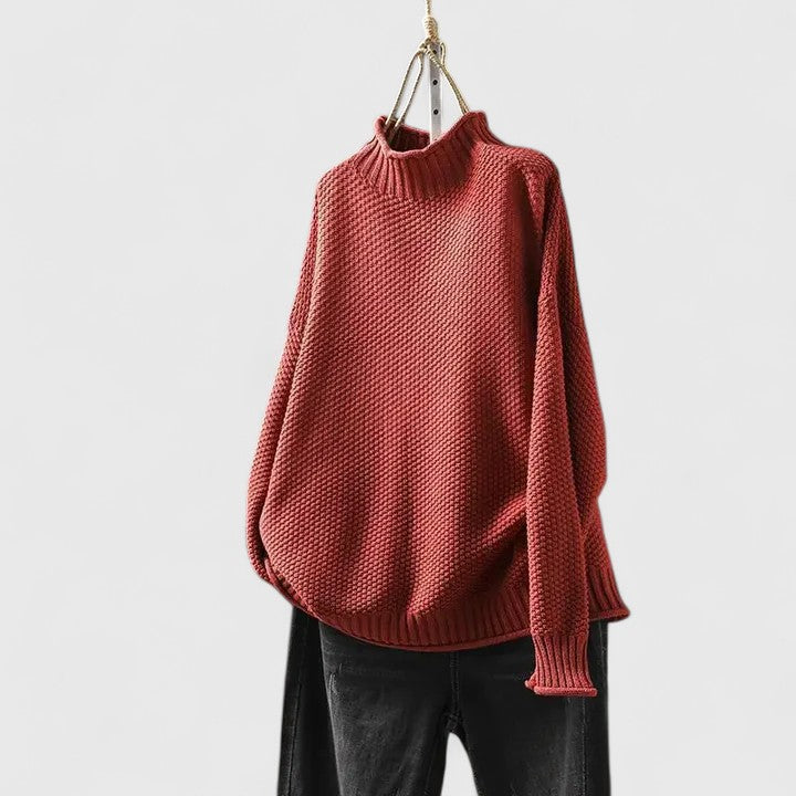 Rhiannon | Women's Turtleneck Chunky Knit Sweater - Red - Image 1