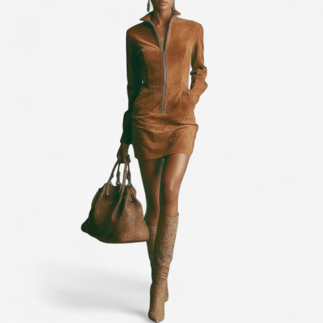 Rosabelle | Women's Zip Front Long Sleeve Mini Dress - Brown - Image 1