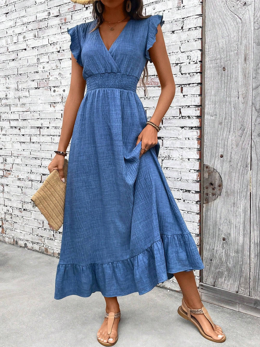 Rosalba | Women's V-Neck Wrap Maxi Dress - Blue - Image 1