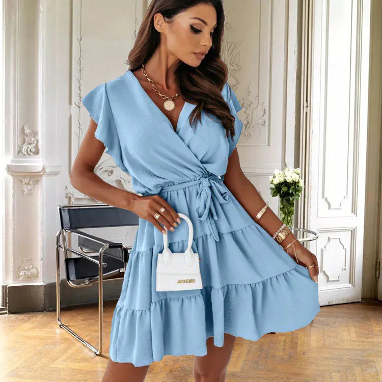 Rosalie | Women's Flutter Sleeve Wrap Mini Dress - Light Blue - Image 1