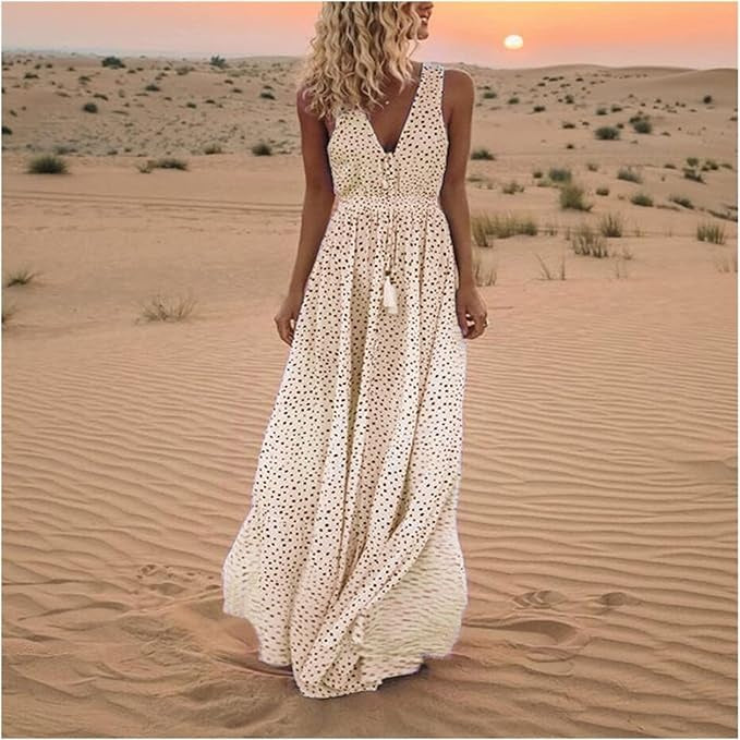 Rosalind | Women's Polka Dot V-Neck Maxi Dress - Beige - Image 1