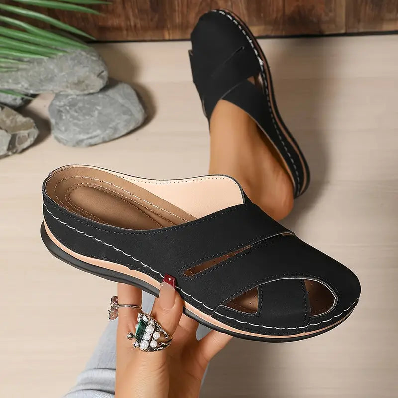 Rosalinda | Women's Black Crossover Slip-On Sandals - Black - Image 1