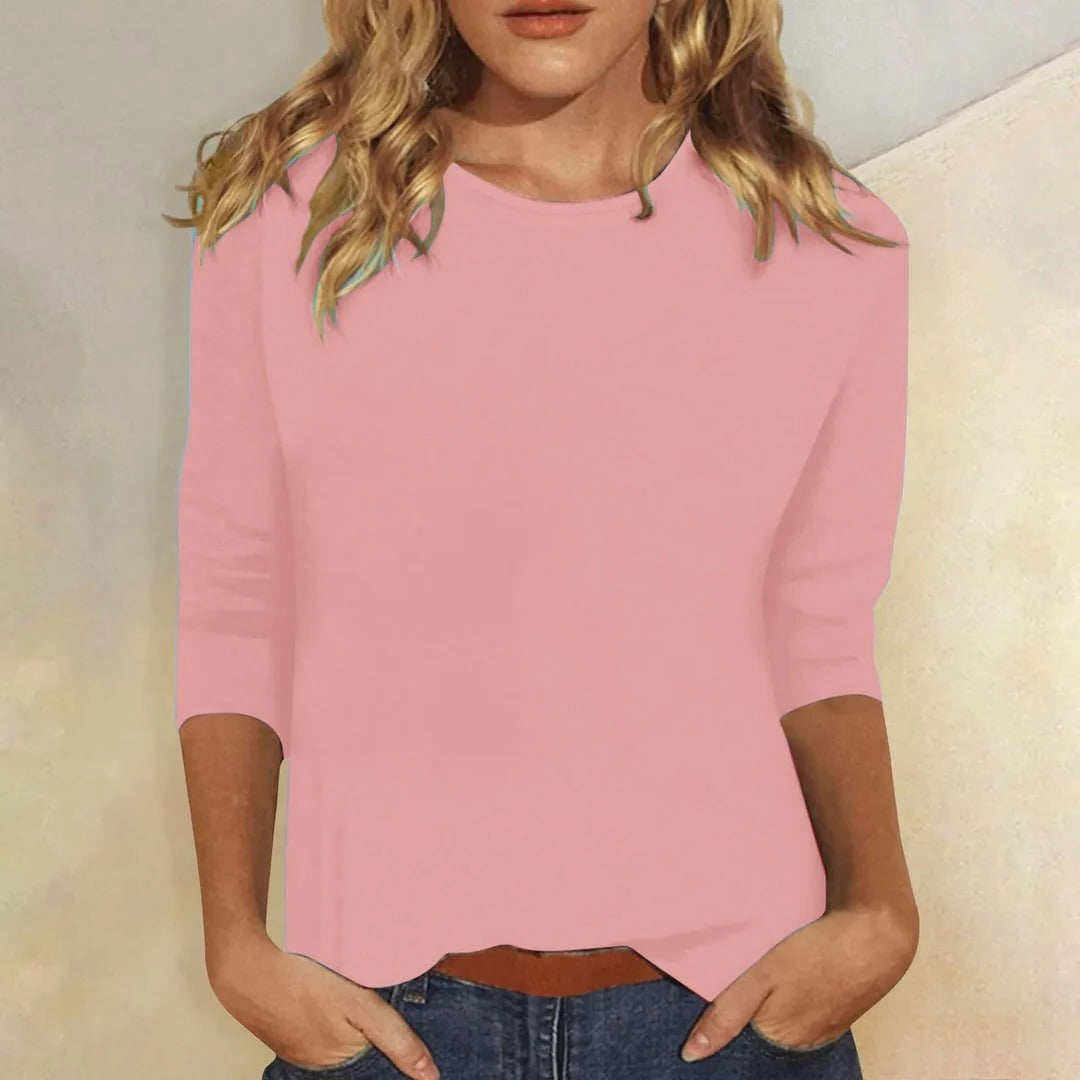 Rosalinda | Women's Crew Neck 3/4 Sleeve Top - Pink - Image 1