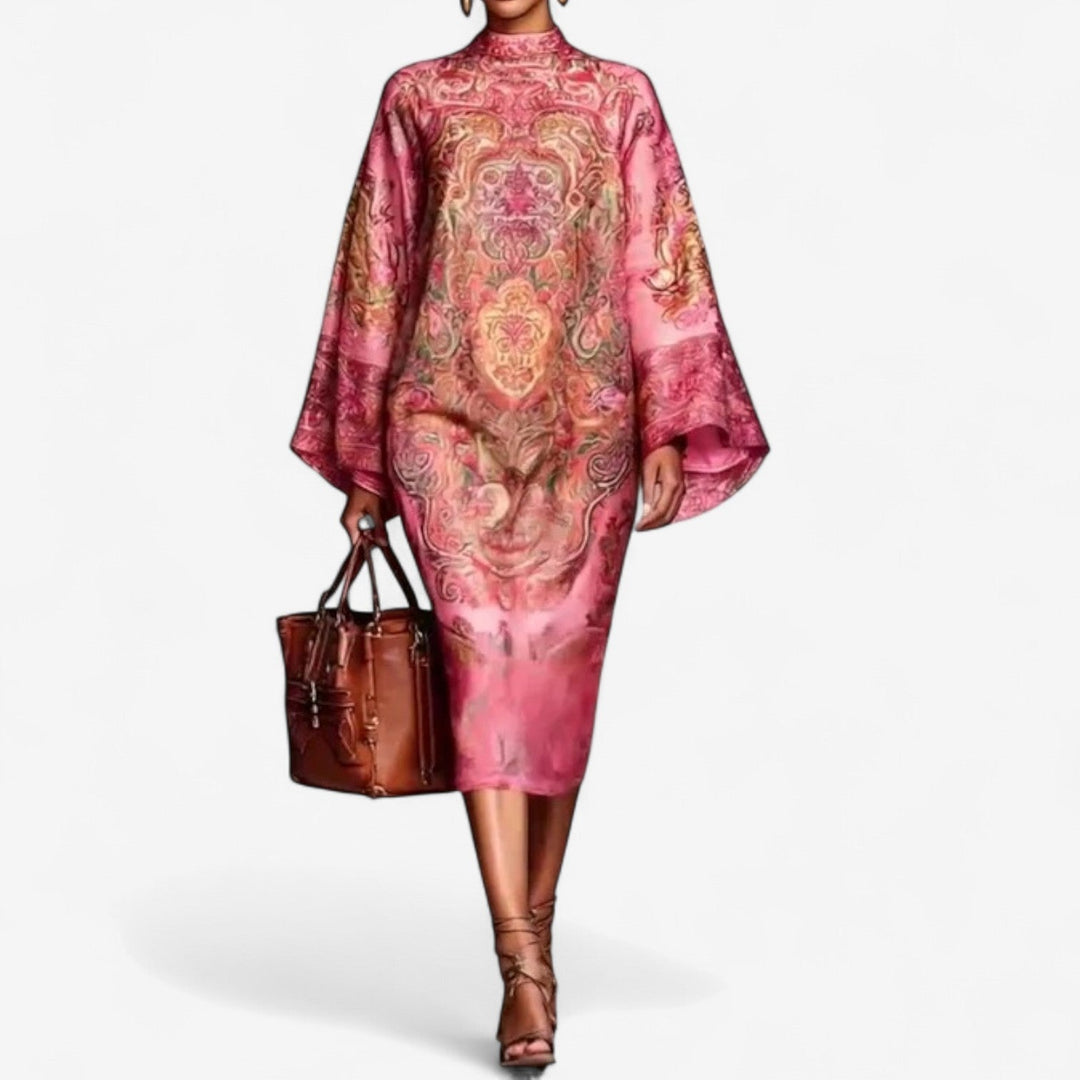 Rosalynn | Women's Paisley Print Mock Neck Kaftan Dress - Pink - Image 1