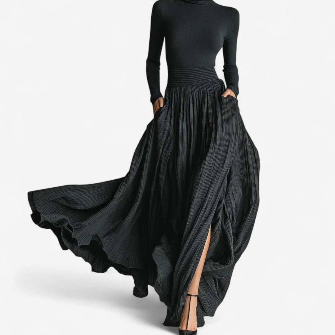 Rosamund | Women's Mock Neck Long Sleeve Maxi Dress - Black - Image 1